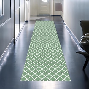 Green Trellis Kitchen Entrance Runner Rug, Stairway Runner, Living Room Rug, Green Hallway Runner,  Non Slip Washable