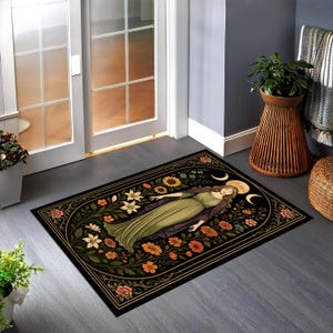Moon Goddess Floral Rug – Mystical Woman with Crescent Moon and Flowers, Witchy Spiritual Aesthetic Carpet, Celestial Boho Area Rug