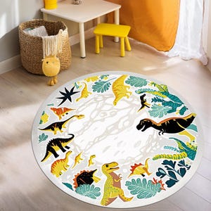 Dinosaurs Themed Washable Kid's Room Rug, Land Of Dinosaur Carpet, Best Jurassic Kids Rugs, Trex Crawling Rug, Beige Kids Carpets, Round Rug