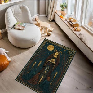 Mystical Gothic Witch Rug with Moon and Candlelight, Occult Pentagram Inspired Carpet, Dark Pagan Witchy Tapestry Rug