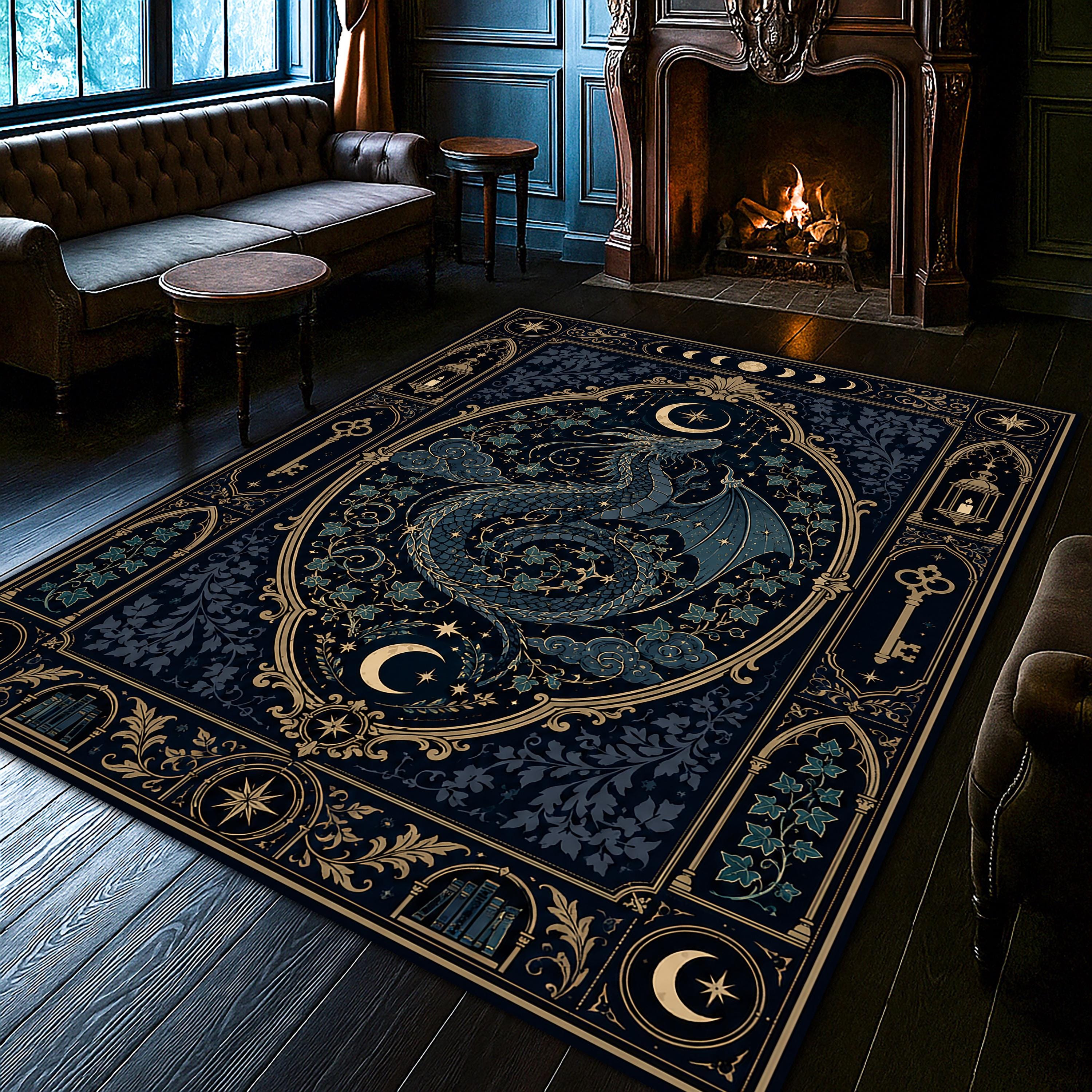 Moonlit Dragon Fantasy Rug, Celestial Gothic Carpet, Midnight Blue ...