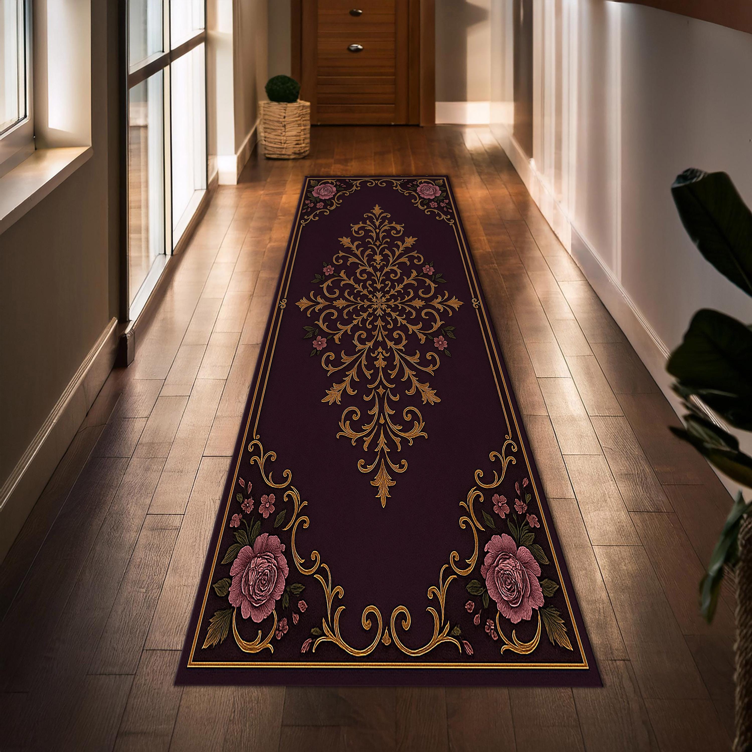 Elegant Floral Baroque Runner Rug, Vintage Purple Gold Scroll Carpet ...