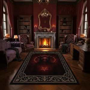 May include: A gothic-themed room with a large rug featuring a demonic figure and a pentagram. The room has a fireplace, bookshelves, and antique furniture. The color scheme is dominated by deep reds and blacks, creating a dark and mysterious atmosphere.