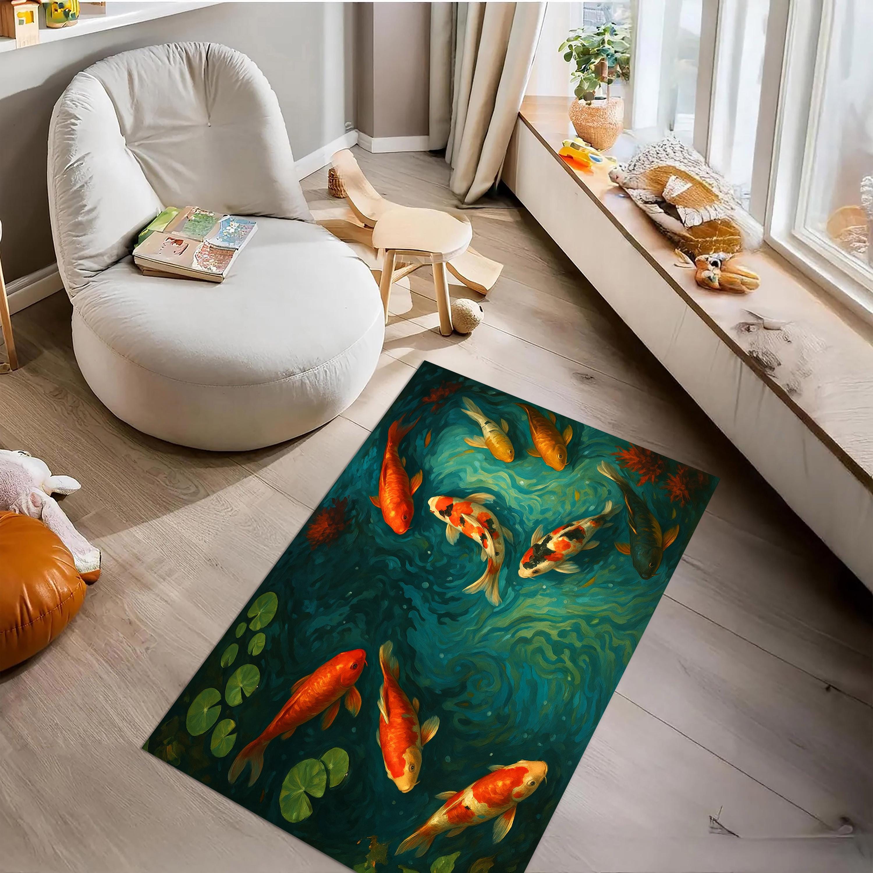 Pond/water Rug Koi Fish Water Art Rug, Japanese Zen Pond Carpet With Colorful Fish and ...