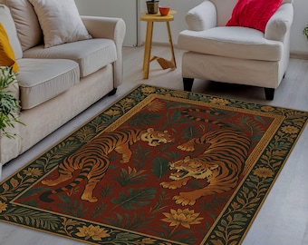 Jungle Tiger Rug – Exotic Red Carpet with Two Tigers and Tropical Leaves, Bold Wildlife Design for Bohemian Living Room Décor