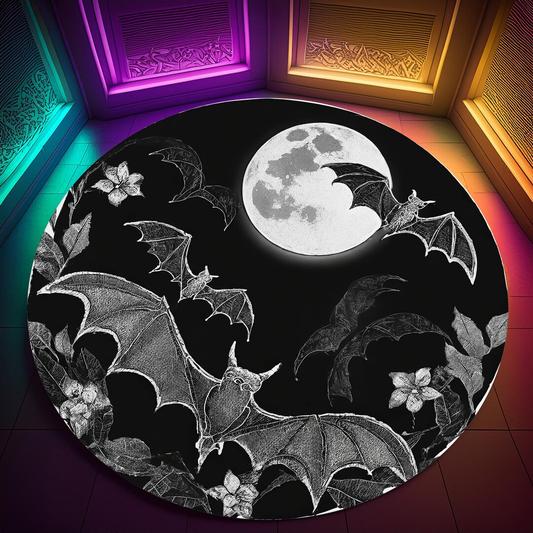 Halloween Rug, Gothic Bats Rug, Moon Rug, Round Bat Rug, Round Gothic ...