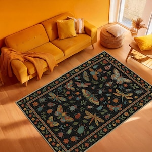 Colorful Insect Pattern Area Rug – Boho Moth Butterfly Beetle Design, Dark Floral Carpet for Living Room, Bedroom, Cozy Nature Decor