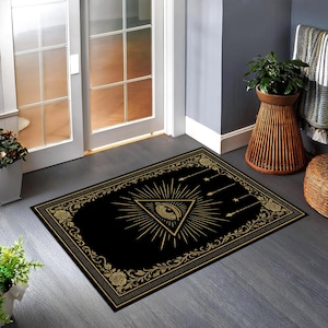 Mystic Eye Rug – All Seeing Eye Carpet, Occult Triangle Rug, Esoteric Gothic Decor, Witchy Celestial Mat, Dark Spiritual Room Accent