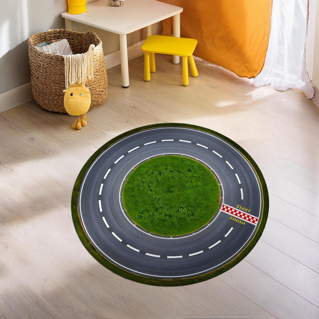 Round Racetrack Rug Round Race Track,kids Car Play Mat, Green Race Track Rug,start Line ...
