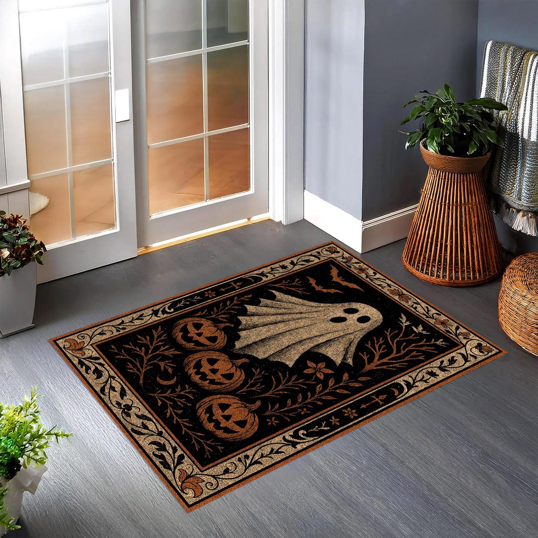 Halloween Ghost Rug – Retro Pumpkin & Ghost Carpet, Spooky Fall Decor ...