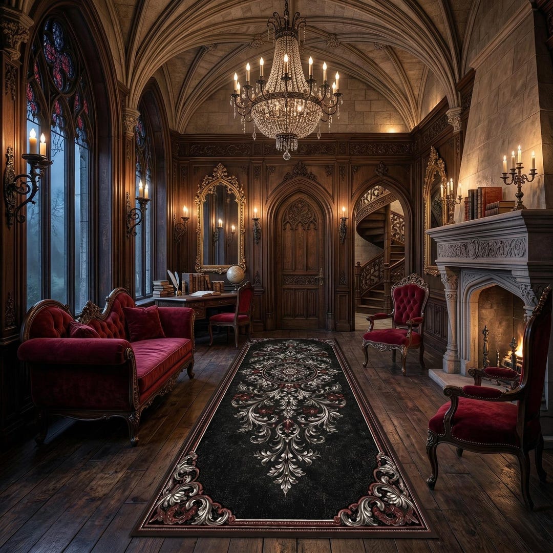 Gothic Baroque Runner Rug With Ornate Scroll Pattern and Dark Victorian ...