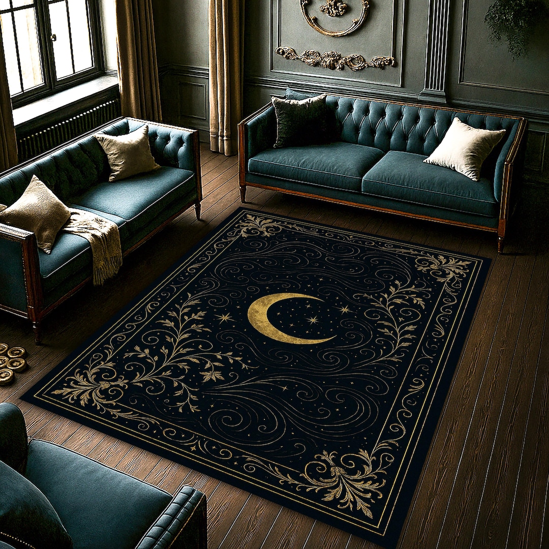 Crescent Moon Baroque Rug – Elegant Black and Gold Celestial Carpet ...