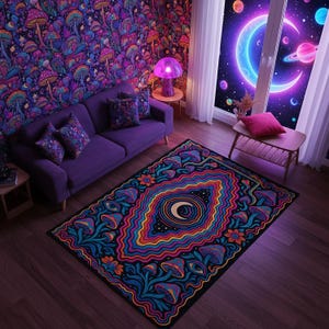 サイケデリックなアイラグ – 月と虹の渦巻き模様が描かれたトリッピーなマッシュルームカーペット – クリエイティブな空間やスピリチュアルな空間のための鮮やかなボヘミアンフロアデコレーション