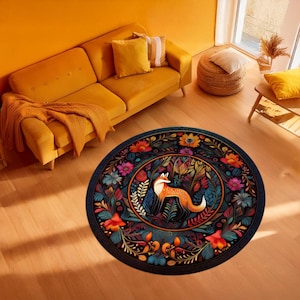 Floral Fox Rug, Fox Folklore Decor, Aesthetic Dark Cottagecore Decor, Eclectic Round Rug, Whimsical Mystic Fairycore, Orange Fox, Animals