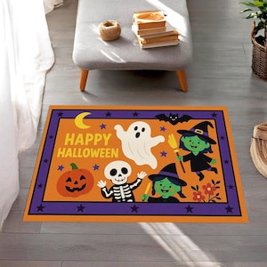 Happy Halloween Rug – Cute Witch Ghost Skeleton Pumpkin Kids Play Mat, Orange Purple Spooky Fall Carpet, Fun Halloween Area Rug for Children
