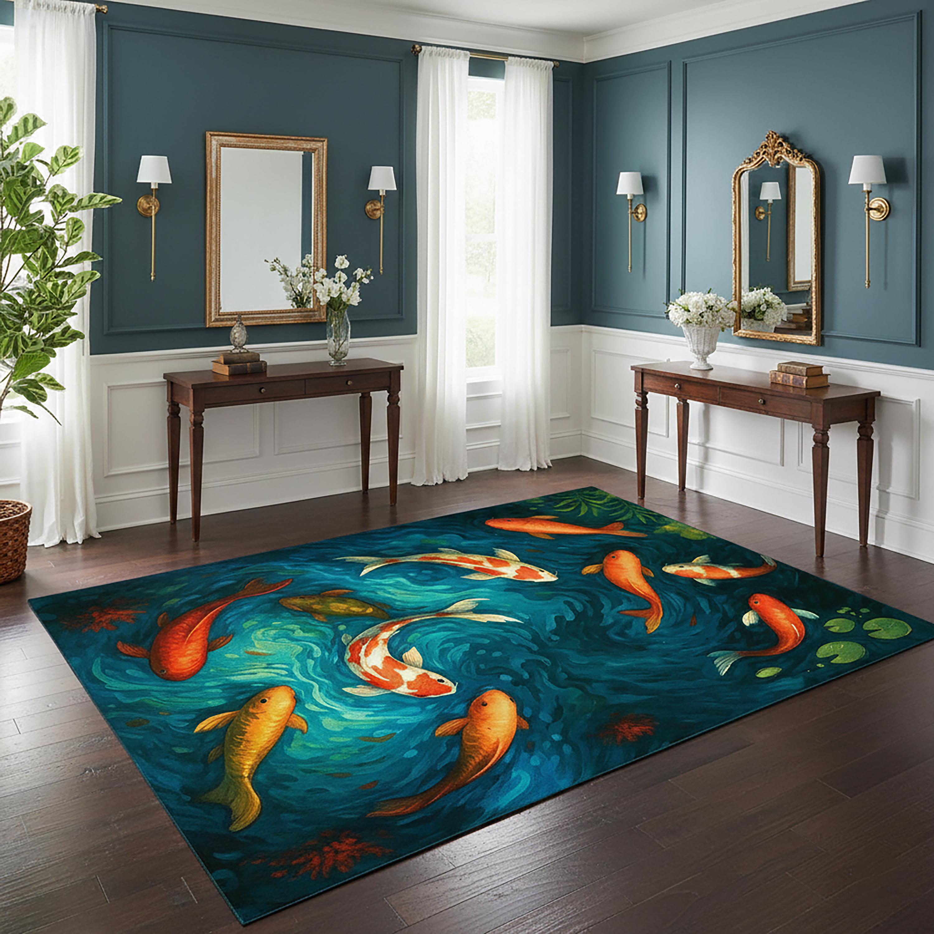 Colorful Koi Fish Rug, Japanese Water Garden Carpet, Zen Style Aquatic ...