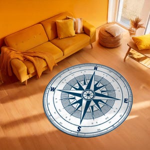 Compass Round Rug, Traveler Rug, Sailor Rug, Yacht Rug, Coastal Decor, Marine Rug, Nautical Rug for Living Room, Office Decor, White & Blue
