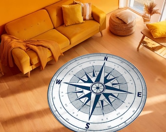 Compass Round Rug, Traveler Rug, Sailor Rug, Yacht Rug, Coastal Decor, Marine Rug, Nautical Rug for Living Room, Office Decor, White & Blue