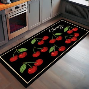 Cherry Kitchen Runner Rug – Red Fruit Print Non-Slip Mat for Kitchen Décor, Washable Floor Carpet for Food Lovers
