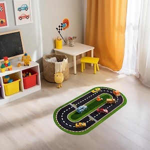 Ovale Kinder Rennbahn, Kinder Auto Spielmatte, Grüne Rennbahn Teppich, Start Linie, Rennbahn Teppich, Kinderzimmer Teppich, Rennwagen Dekor