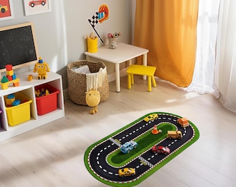 Circuit ovale pour enfants, tapis de jeu pour voiture pour enfants, tapis vert pour circuit, ligne de départ, tapis pour circuit, tapis pour chambre d'enfants, décoration pour voiture de course