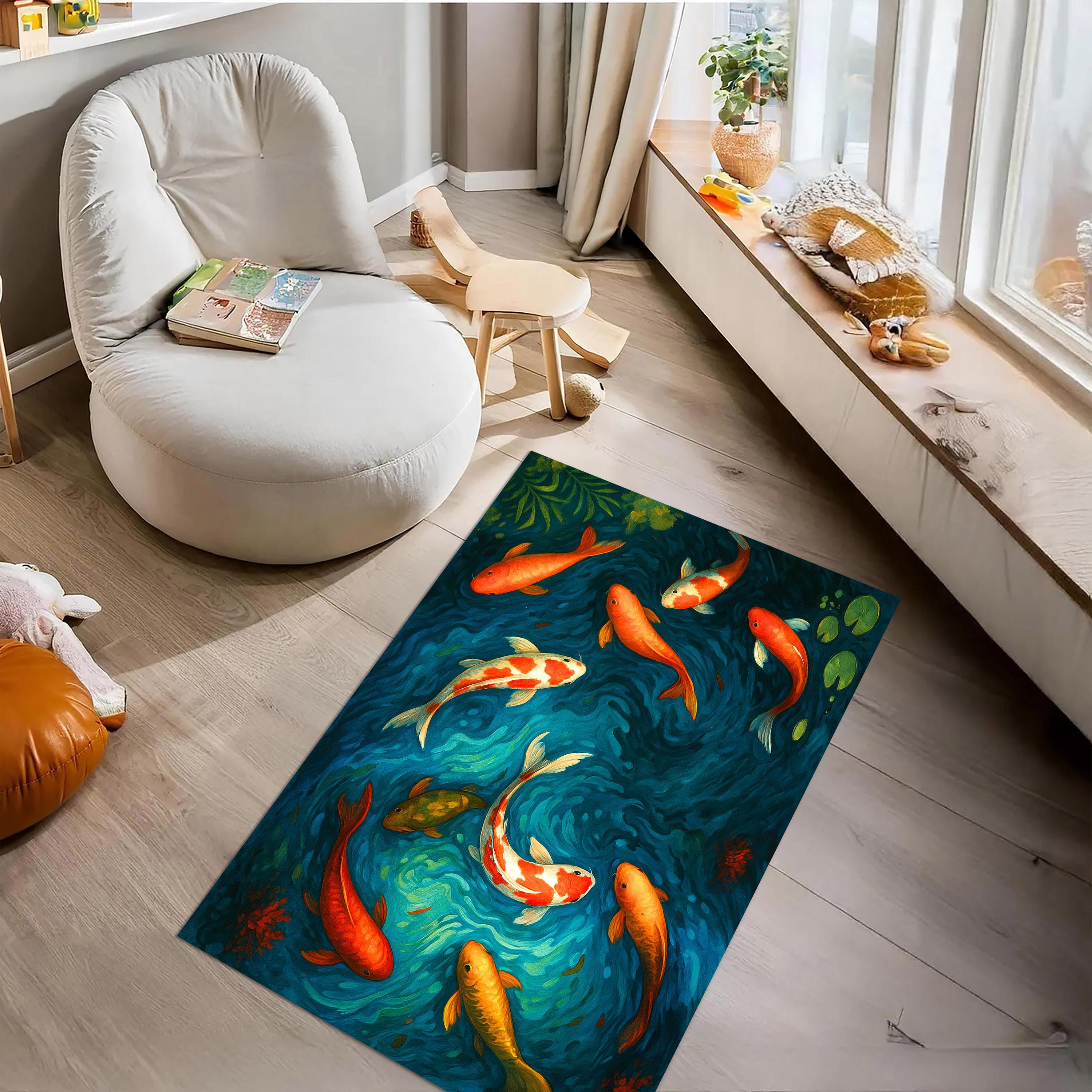 Outdoor Rug Fish Colorful Koi Fish Rug, Japanese Water Garden Carpet, Zen Style Aquatic ...
