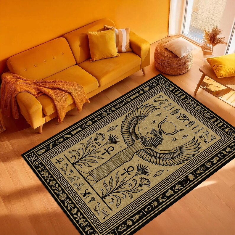 Egyptian Goddess Rug – Isis Winged Area Rug With Hieroglyphs, Ancient ...
