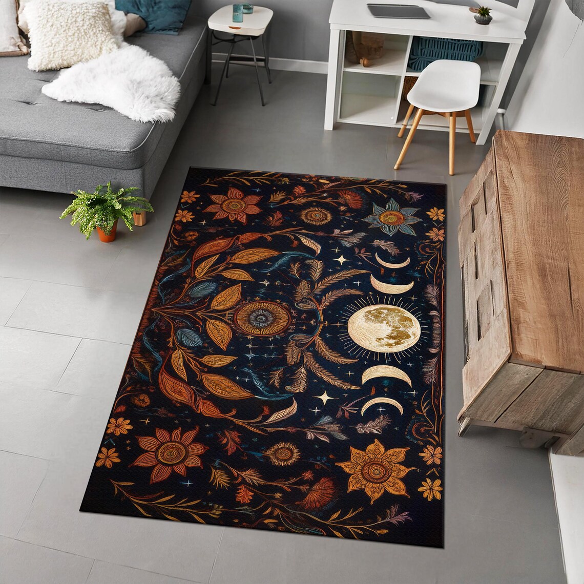Moon Face Rug Cottagecore Moon Phase Rug, Dark Academia Decor, Gothic Rug, Floral ...
