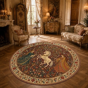 May include: A round area rug featuring a dark red background with a central white unicorn surrounded by two figures in medieval-style robes, intricate floral patterns, small animals, and a decorative border with repeating botanical motifs.