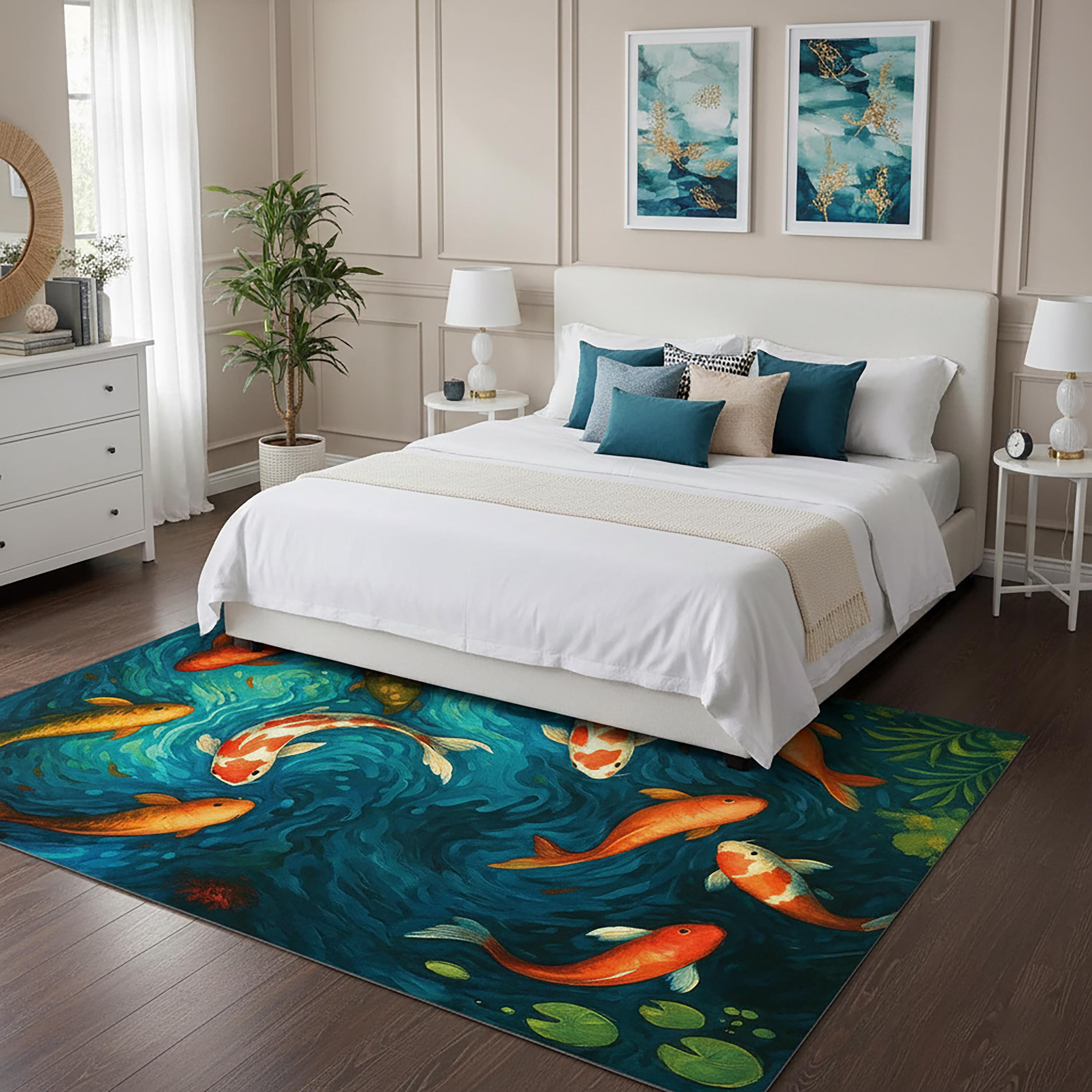 Water Rug Design Colorful Koi Fish Rug, Japanese Water Garden Carpet, Zen Style Aquatic ...