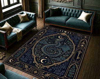 Alfombra fantástica de dragón a la luz de la luna, alfombra gótica celestial, alfombra decorativa de dragón azul medianoche, obra de arte mística estrellada.