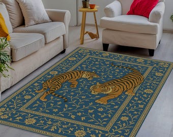 Blue Tiger Rug – Exotic Animal Carpet with Two Tigers and Floral Jungle Pattern for Bohemian Wildlife Living Room Décor