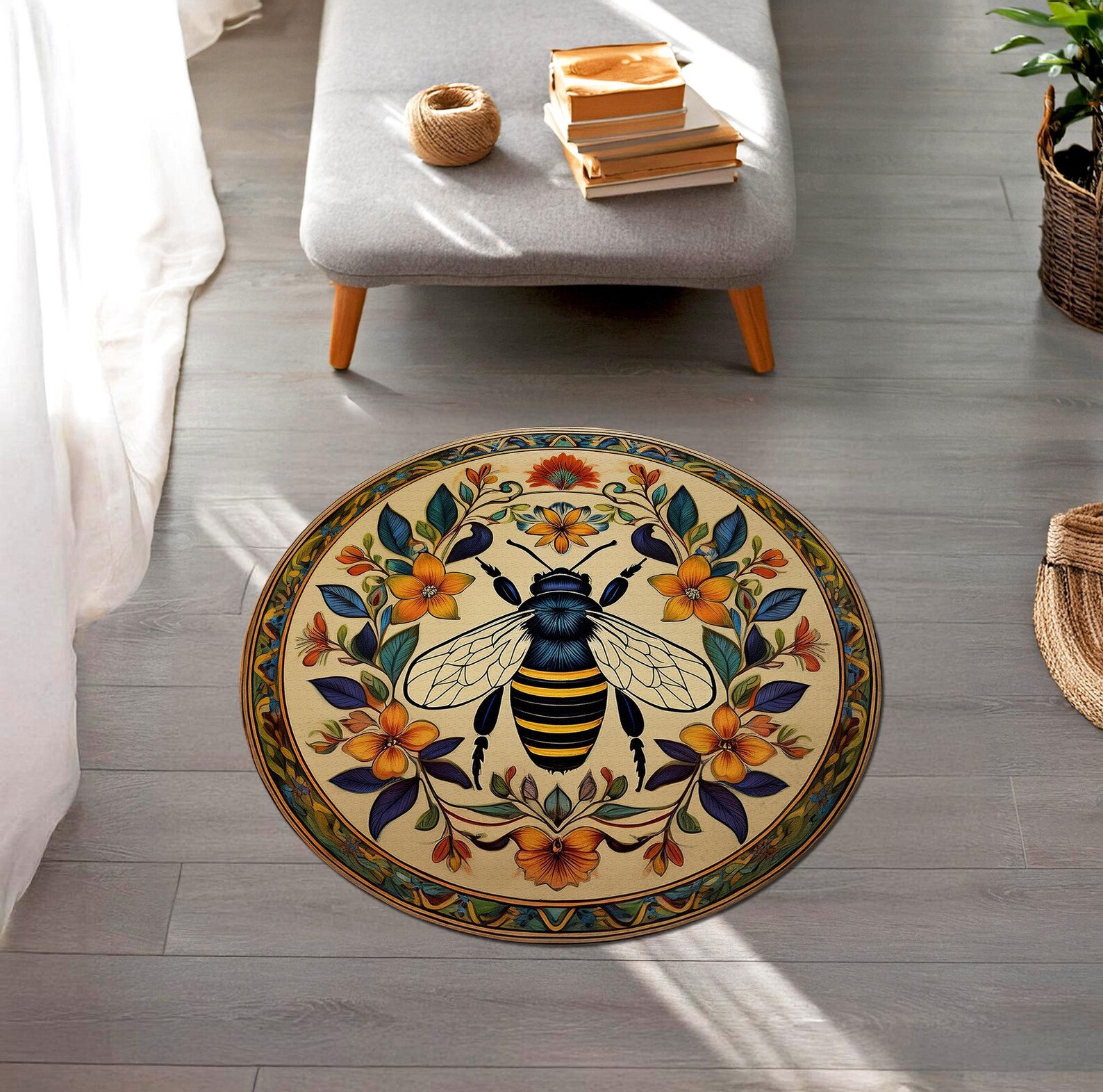 Floral Bee Rug, Honey Bee Rug, Bee Themed Round Rug, Boho Rug ...