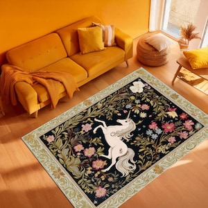 Floral Unicorn Rug, Folklore Decor, Cottagecore Decor, Fairy Woodland Decor, Whimsical Aesthetic Design Rug, Magical Decor, Fantasy Art