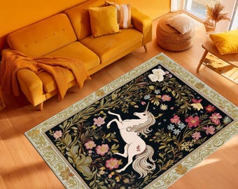 Einhorn Teppich, Folklore Dekor, Cottagecore Dekor, Feen Wald Dekor, wunderlicher ästhetischer Design Teppich, magisches Dekor, Fantasy Kunst
