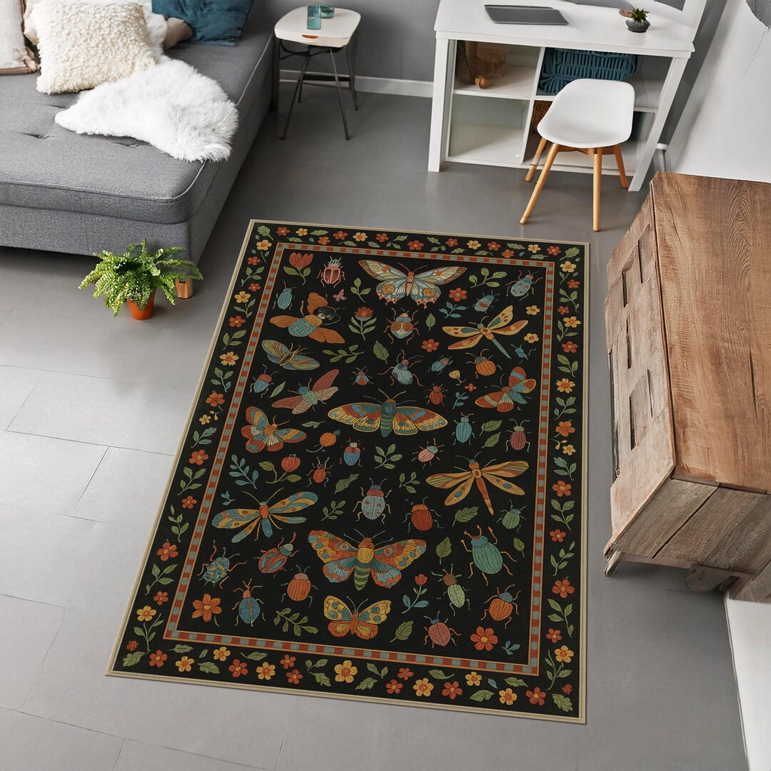 Colorful Insect Pattern Area Rug – Boho Moth Butterfly Beetle Design ...