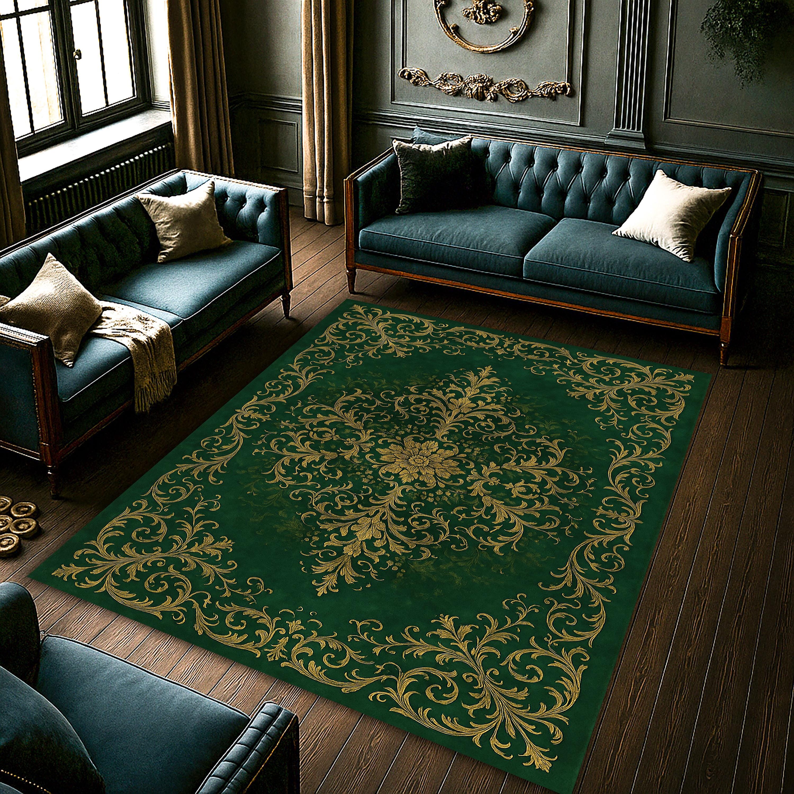 Emerald Baroque Floral Rug – Elegant Green and Gold Vintage Carpet With ...