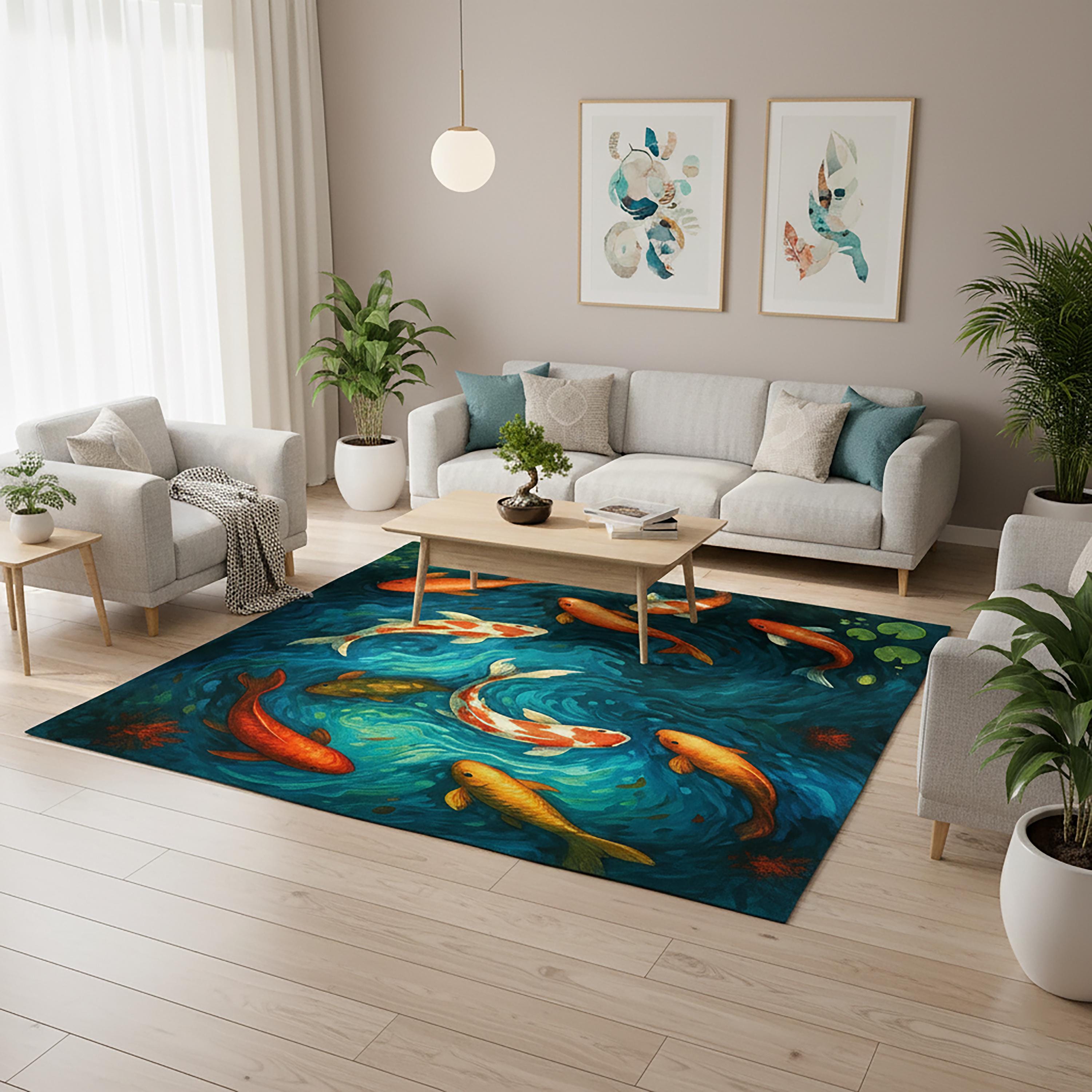 Colorful Koi Fish Rug, Japanese Water Garden Carpet, Zen Style Aquatic ...