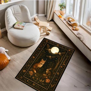Moonlit Forest Fox Rug – Animal Woodland Carpet, Magical Night Scene Rug, Cozy Cottagecore Floor Mat, Whimsical Animal Home Decor
