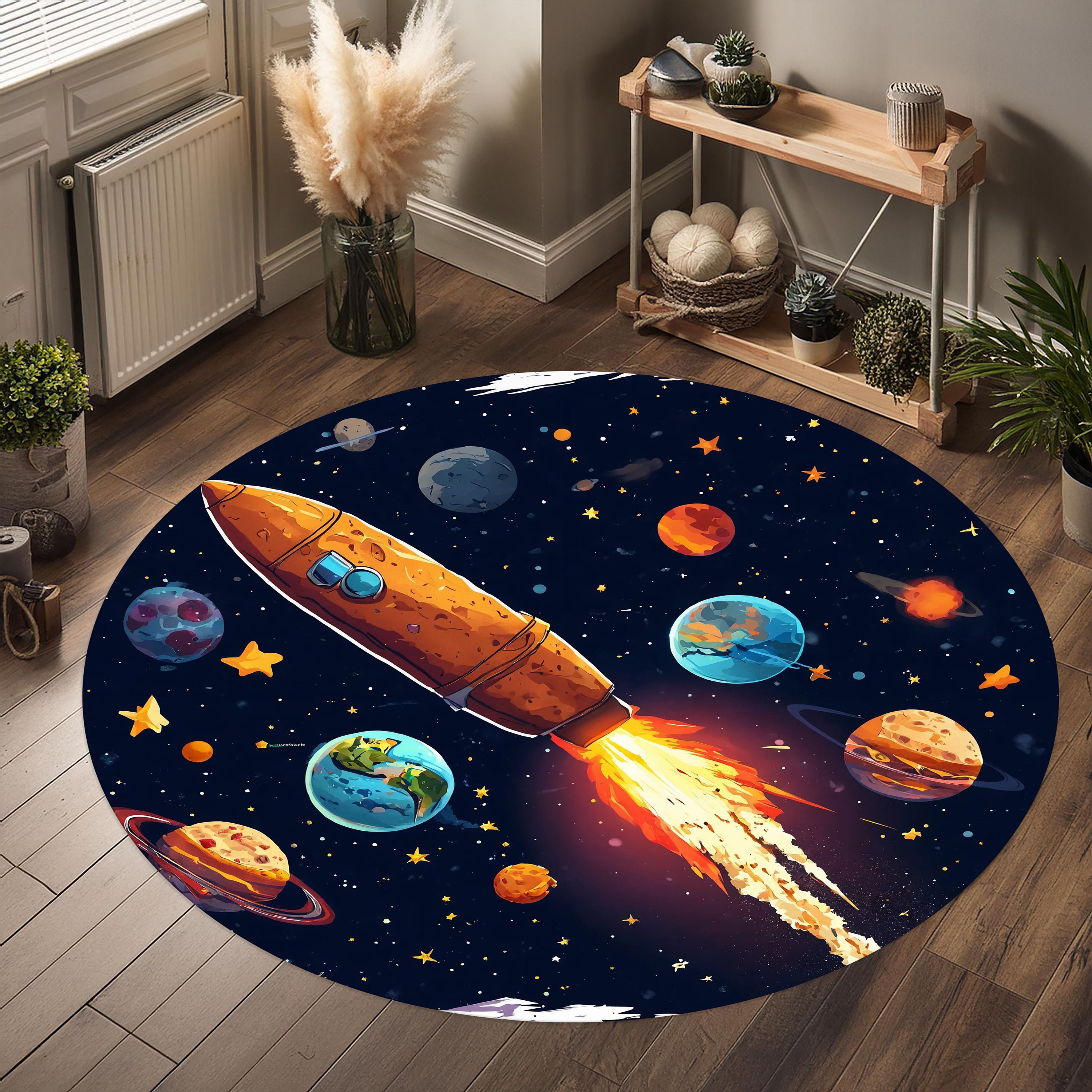 Rocket Circular Rug Rocket Round Rug, Space Rug, Educational Rug, Galaxy Carpet, Washable ...