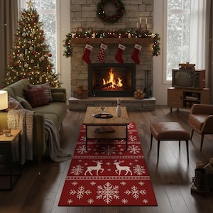 Alfombra navideña roja con renos: diseño de copos de nieve para decorar cocinas, pasillos y entradas.