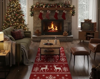 Red Christmas Reindeer Runner Rug – Holiday Snowflake Pattern Festive Carpet for Kitchen, Hallway & Entry Decor