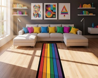 Trendiger Teppichläufer in Regenbogenfarben | Lebhafter Küchenläufer Regenbogen Streifen Läufer - Bunter Langer Flurteppich