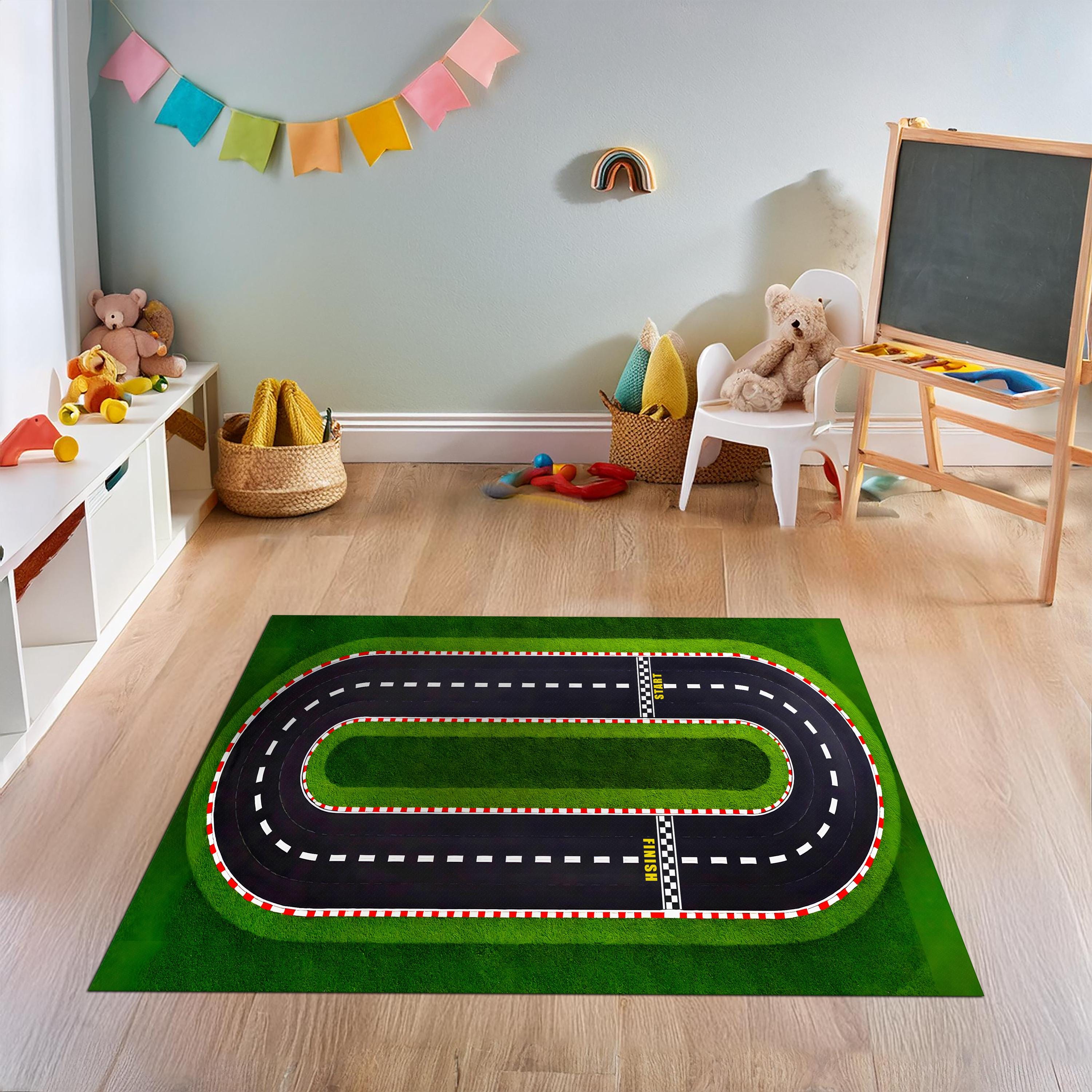 Kids Race Track,kids Car Play Mat, Green Race Track Rug,start Line ...