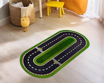 Oval Kids Race Track,Kids Car Play Mat, Green Race Track Rug,Start Line, Racetrack Rug,Kids Room Rug,Racing Car Decor