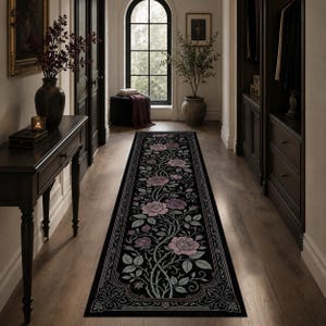 Gothic Rose Runner Rug, Dark Academia Floral Hallway Runner, Black Pink Botanical Carpet, Victorian Hall Runner Decor
