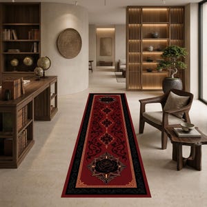 Puede incluir: Una alfombra de pasillo rectangular larga con fondo rojo intenso y borde negro. El diseño incluye patrones florales negros repetitivos y un destacado motivo central de rosa negra encerrado en un marco geométrico sobre un suelo claro.
