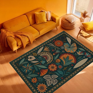 Retro Floral Rug – Bold Boho Botanical Carpet with Colorful Leaves and Flowers – Mid Century Modern Inspired Nature Floor Art