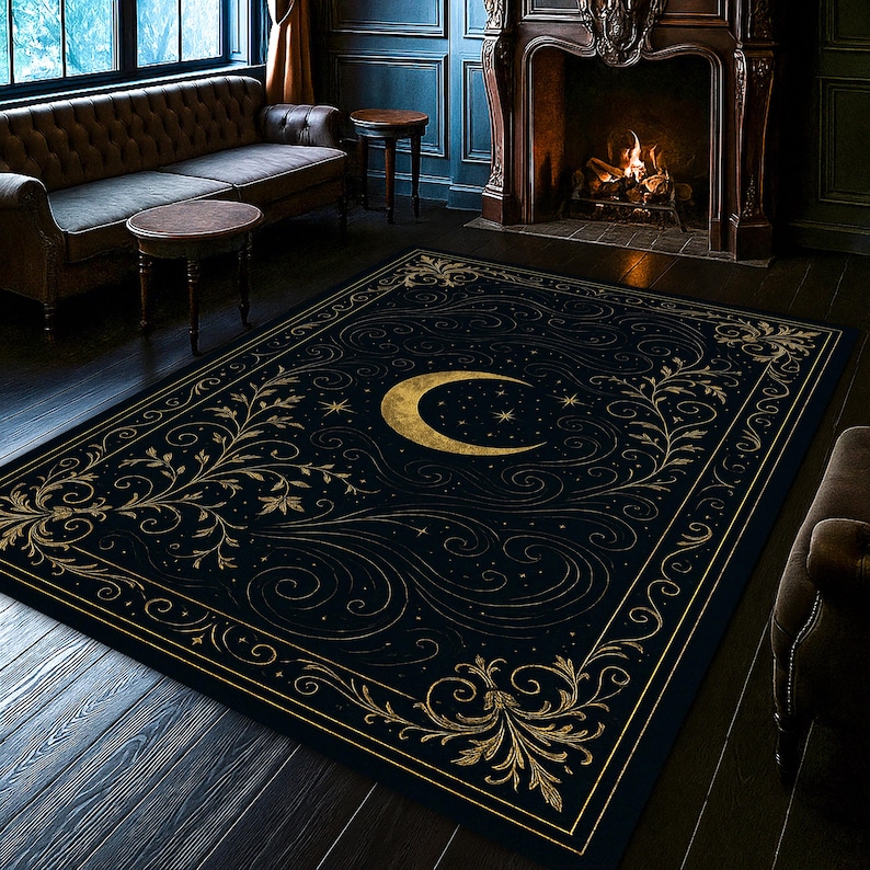 Round Baroque Rug Crescent Moon Baroque Rug – Elegant Black and Gold Celestial Carpet ...