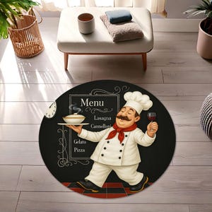 Alfombra de cocina redonda con un chef italiano sosteniendo vino y sopa, con menú en pizarra y diseño de bistró retro.